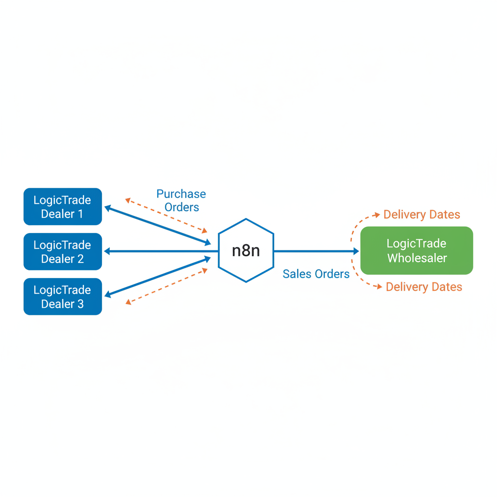 Schematische weergave van de orderstroom: 8 dealers sturen inkooporders via n8n middleware naar de groothandel, die levertijdbevestigingen terugstuurt